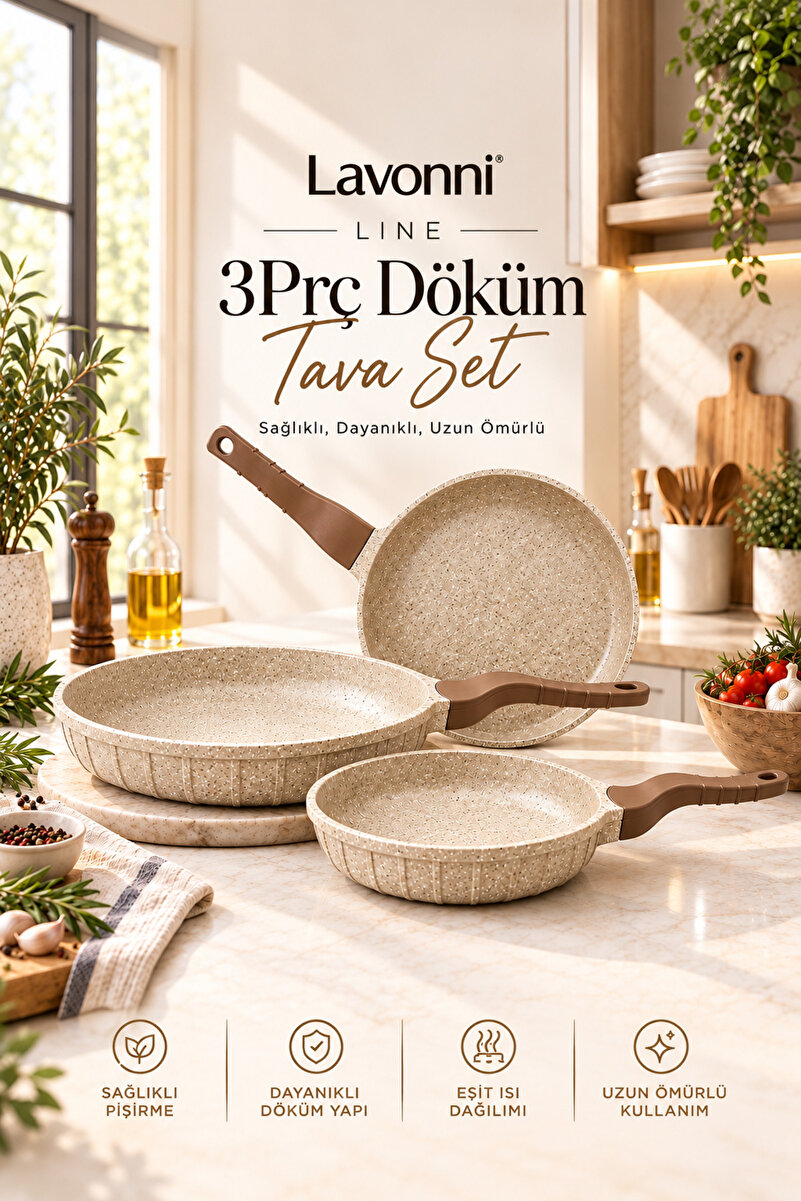 LAVONNI Line 3 Parça Döküm Granit Tava Seti Cappuccino | 20-24-28 cm Yapışmaz Çizilmez Tava Takımı | Kahvaltılık & Günlük Kullanım