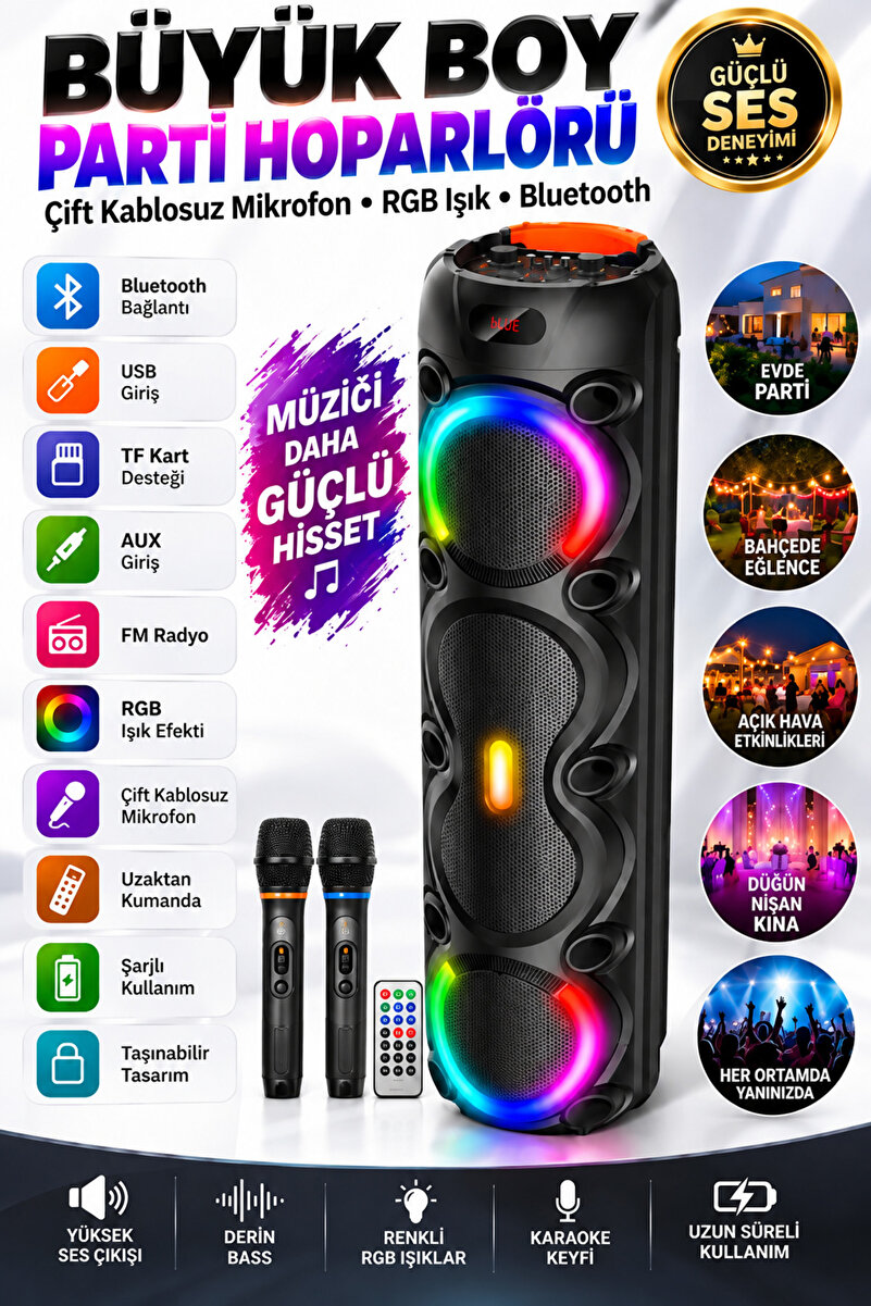 Maybax Büyük Boy Şarjlı Bluetooth Parti Hoparlörü Çift Kablosuz Mikrofon RGB Işıklı Karaoke USB TF AUX FM Radyolu