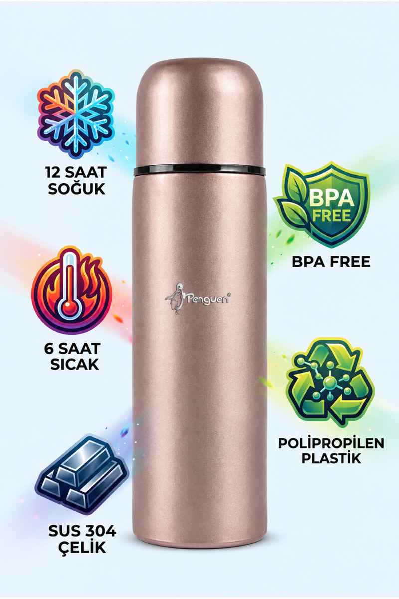 Penguen Mama Termosu 700 ml SUS304 Çelik Termos Sıcak Su Çay Kahve Termosu Bardaklı Vakumlu BPA Free