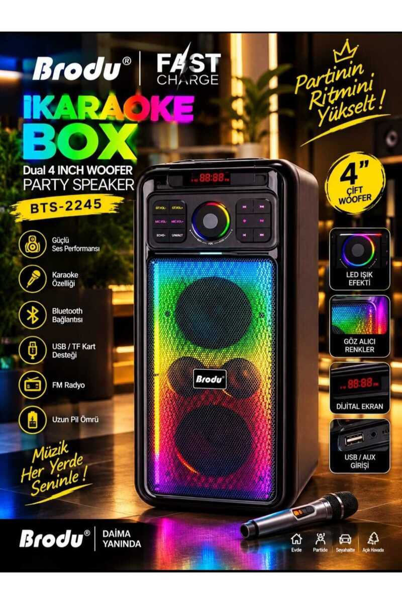 Başkenttekno BTS-2245 Çift 4" 80W Woofer Kablosuz Karaoke Parti Hoparlörü | RGB Işıklı, Kablosuz Mikrofonlu