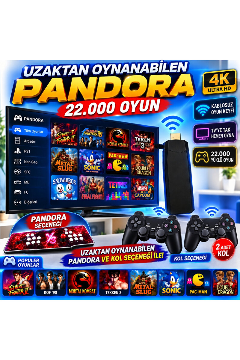schitec 4KHD 3D Gamebox Arcade Pandora 22.000 Oyunlu + 2 Adet Kablosuz Kol Uzaktan Oynanabilir TV Konsolu