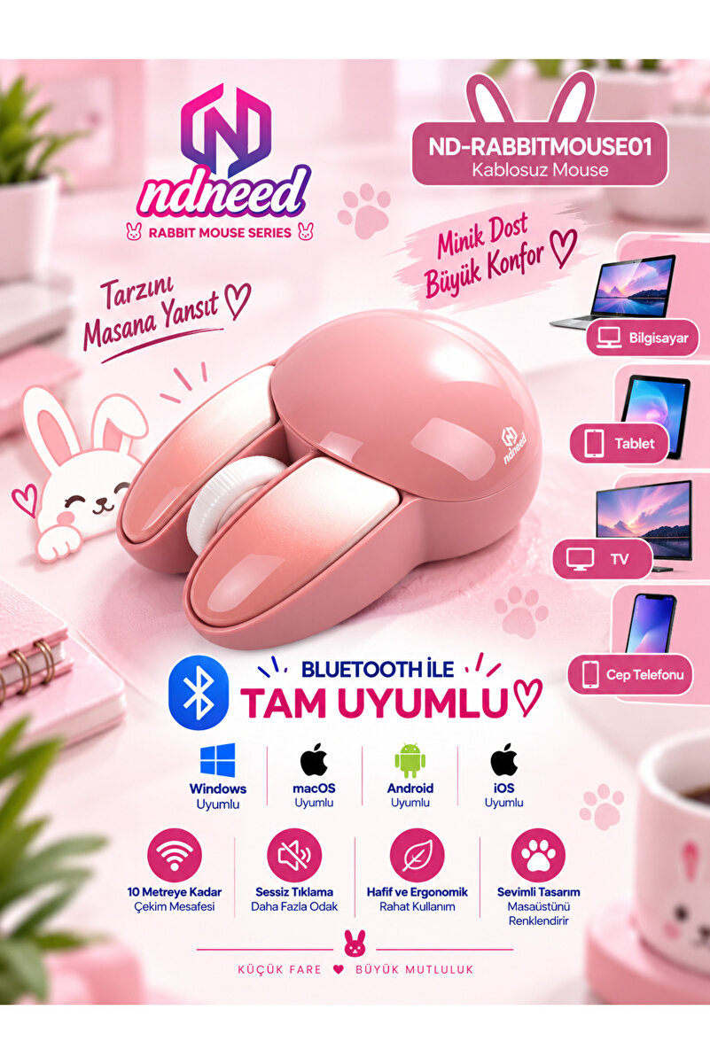 NDNeed Sevimli Tavşan 3D Pembe Mouse Bluetooth + 2.4G Dual Mode