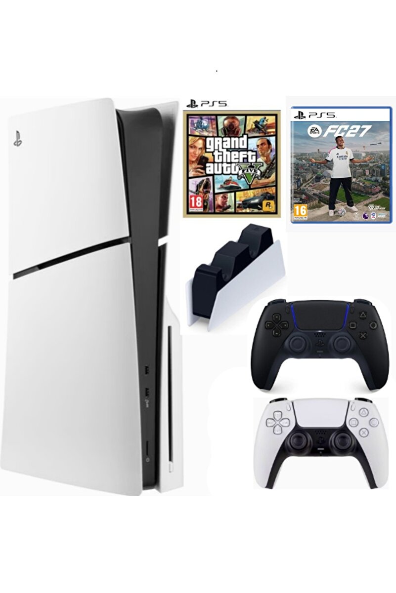 Sony Playstation 5 Slim Cdli + 2.kol Dualsense Siyah + Şarj İstasyonu + GTA 5 + PS5 FC27 (İthalatçı Garantili)