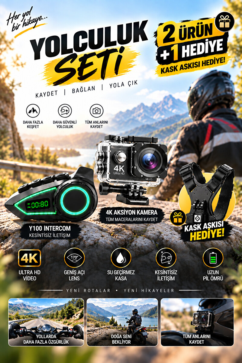 TECHNOMEN Su Geçirmez 4K Aksiyon Kamera + Motosiklet Intercom Seti – Kask Askısı Hediyeli 2+1 Motosiklet Yolculuk Seti