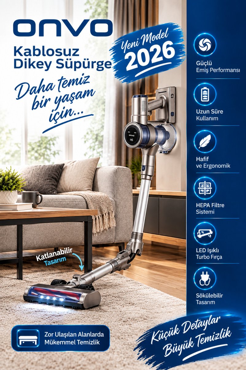 ONVO OVDSS02PLUS 450 W Şarjlı Dikey Süpürge Katlanabilir - Yeni Model 2026