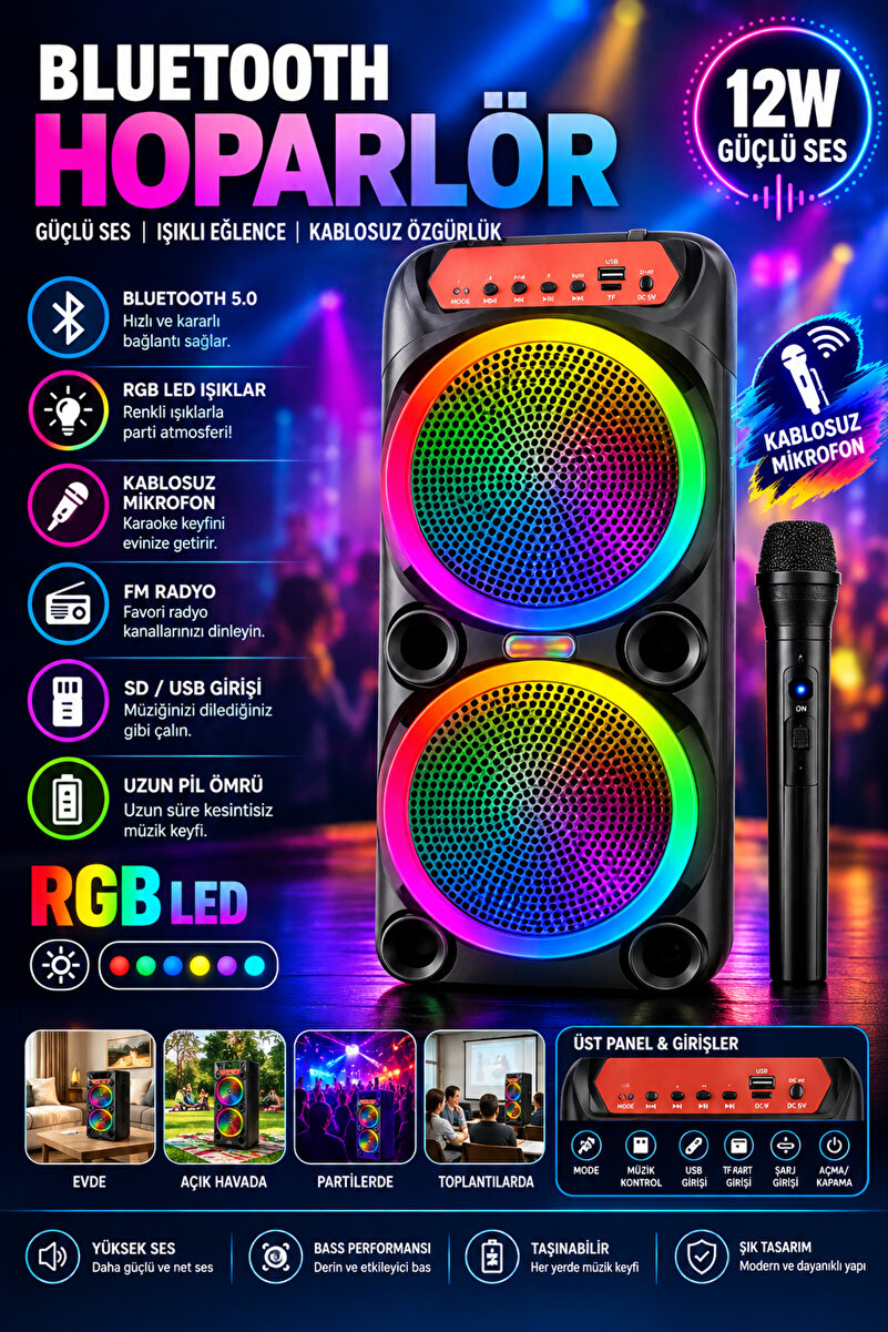 nextbuy Büyük Boy Party Box Bluetooth Hoparlör Taşınabilir Şarjlı Kablosuz Karaoke Mikrofonlu Ses Sistemi