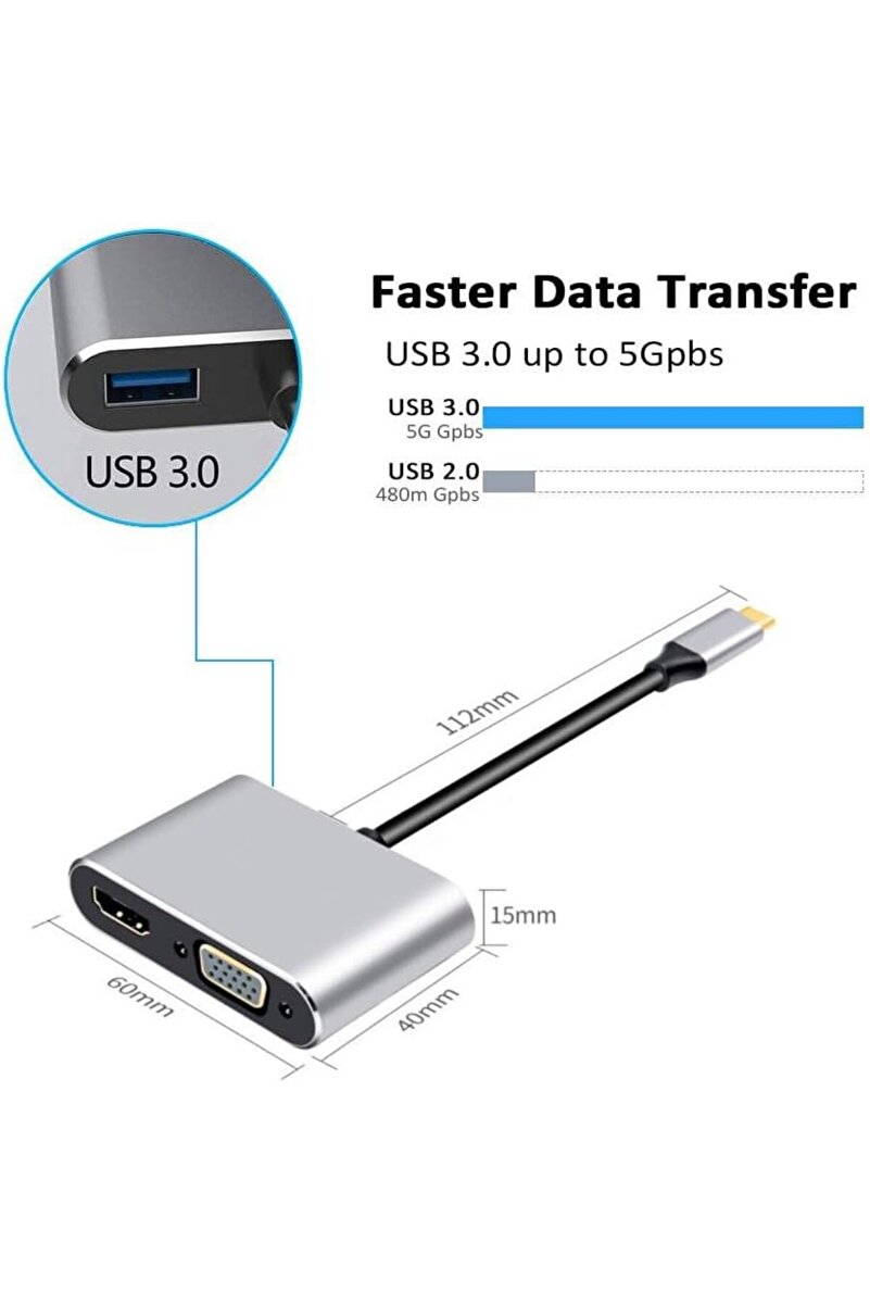 Genel Markalar 8053 4İN1 USB C HDMI VGA adaptörü, USB C hub, 4K HDMI, 1080P VGA, USB 3.0, USB C PD şarj, Bütün Mark