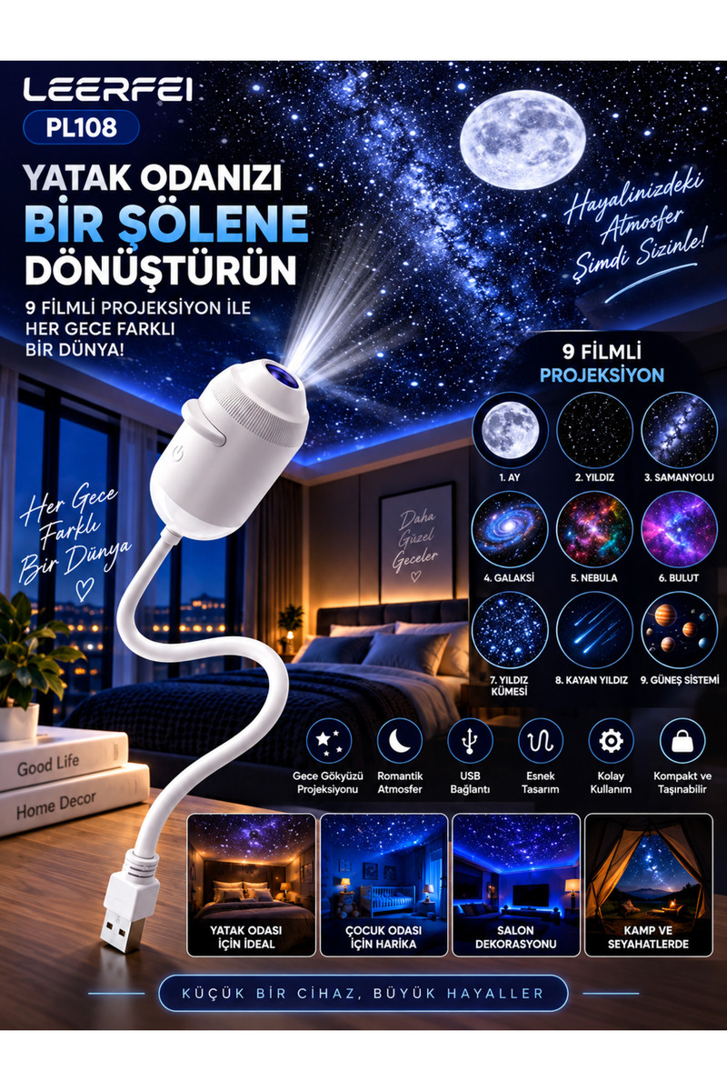 VEROXA USB Esnek Mini Projektör – Gece Gökyüzü Yıldız ve Ay Atmosfer Lambası, 9 Flimli Kompakt Tasarım