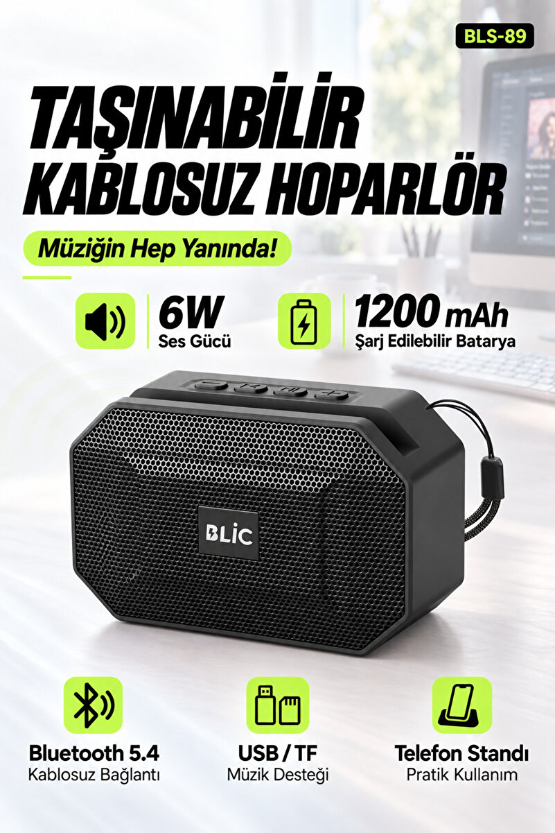 Blic BLS-89 Bluetooth 5.4 Taşınabilir Hoparlör Siyah 6W RMS, Telefon Standlı, USB ve TF Kart Destekl