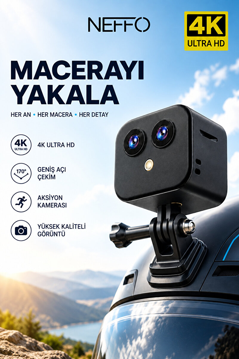 NEFFO 2K Mini Spor Kamera Vücut Kamera | 1.47" HD Ekran | Video Kaydedici | Motor Montaj Uyumlu | Seyahat
