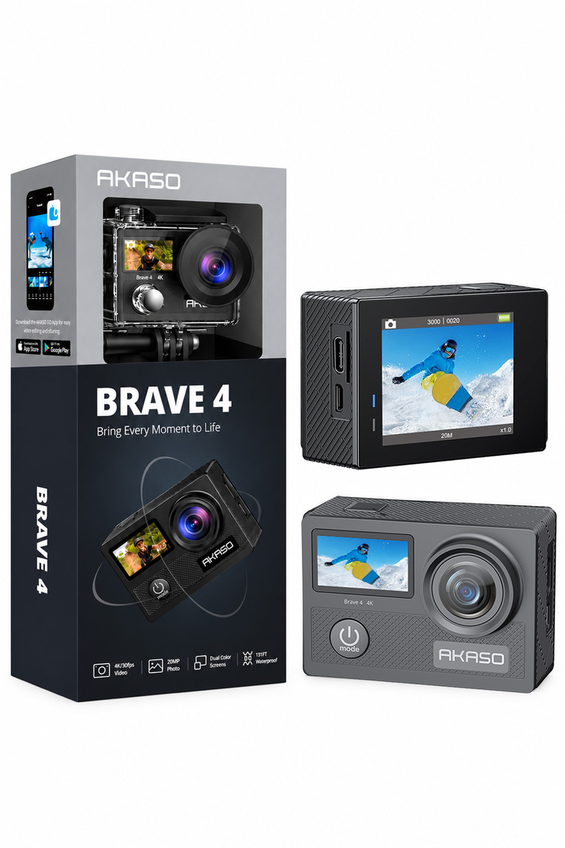 AKASO Brave4 4K/30fps 20mp WiFi Dual Screen Aksiyon Kamera ve Aksesuar Seti Su Geçirmez Kılıf App Kontrolü