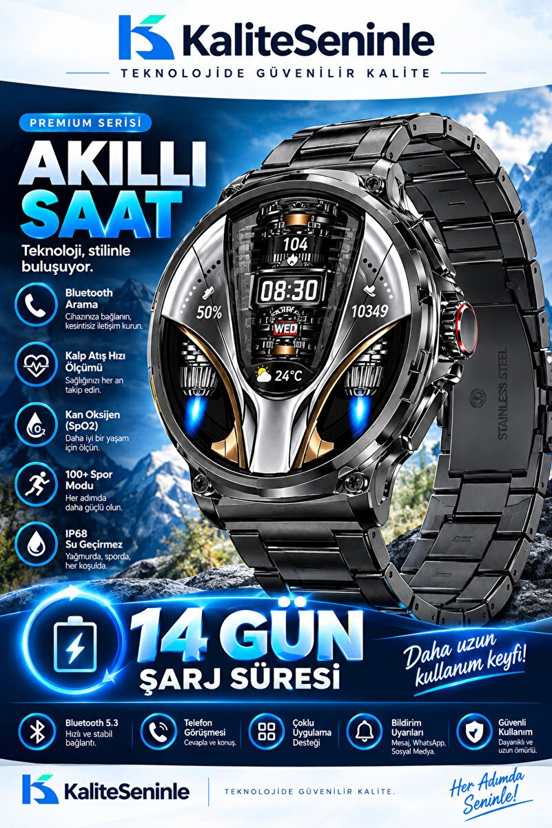 KALİTESENİNLE Büyük Amoled Ekran, 14 Gün Şarj Süreli Akıllı Saat Su Geçirmez Akıllı Saat Android ios
