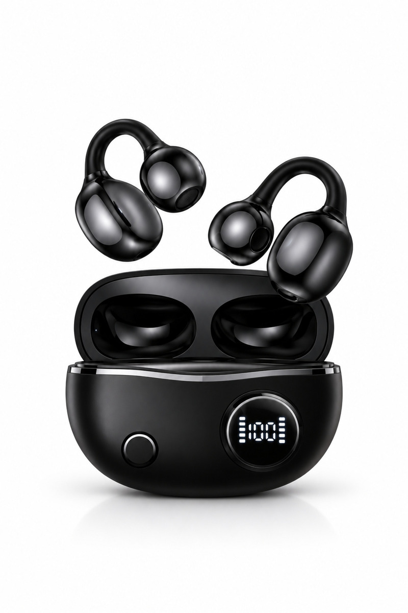 KETENOFFİCİAL YGX-10 Klipsli Bluetooth Kulaklık, Açık Kulak Tasarım, Mikrofonlu, Dijital Göstergeli Şarj Kutulu Siyah