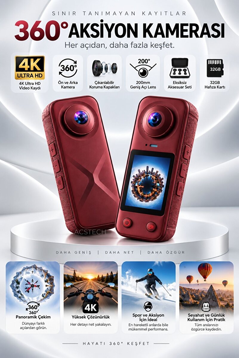 ACSTECH 360 Derece Aksiyon Kamerası X5 Pro | 4K Ultra HD | Çift Lensli Ön Arka Kamera | 200° Geniş Açı | Panoramik Çekim - Bordo