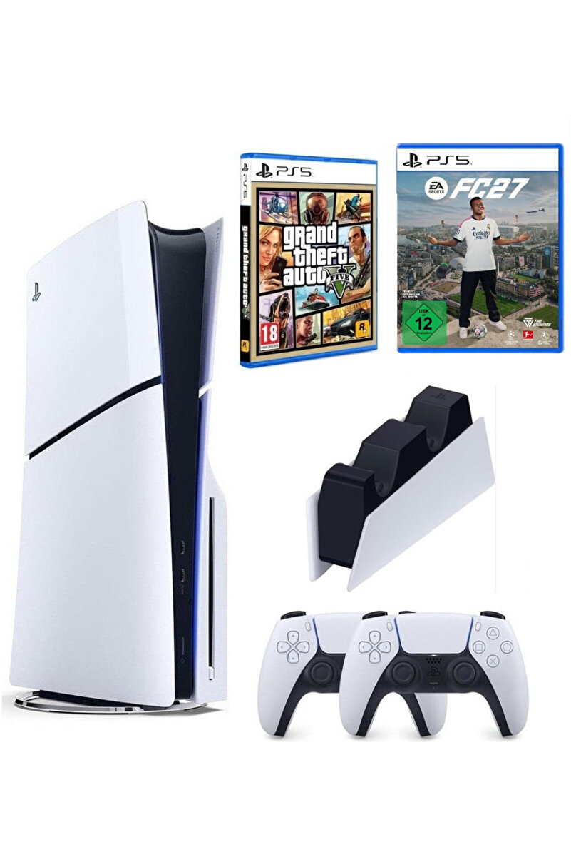 Sony Playstation 5 Slim Cdli + 2.kol Dualsense + Şarj İstasyonu + GTA 5 + PS5 FC27 (İthalatçı Garantili)