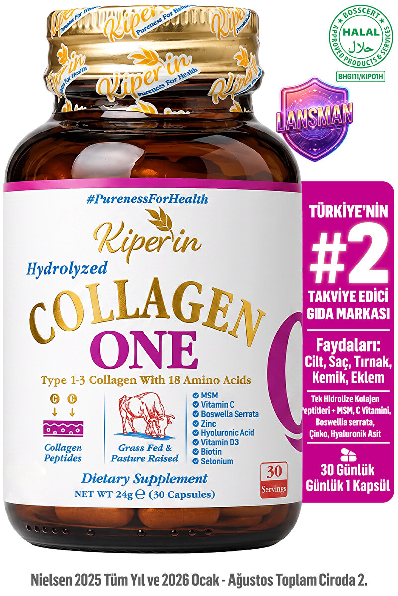 Kiperin One | Tek Hidrolize Kolajen Peptitler | MSM, Biotin, Hyaluronik Asit, Selenyum, Vitamin D | 30Kapsül
