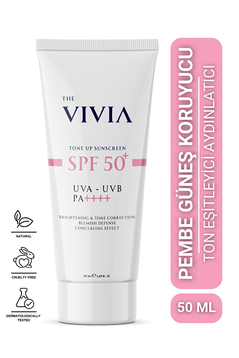 The Vivia Ton Eşitleyici ve Aydınlatıcı, Leke Karşıtı, Yüksek Koruyucu SPF50+ Pembe Renkli Güneş Kremi, 50 ml
