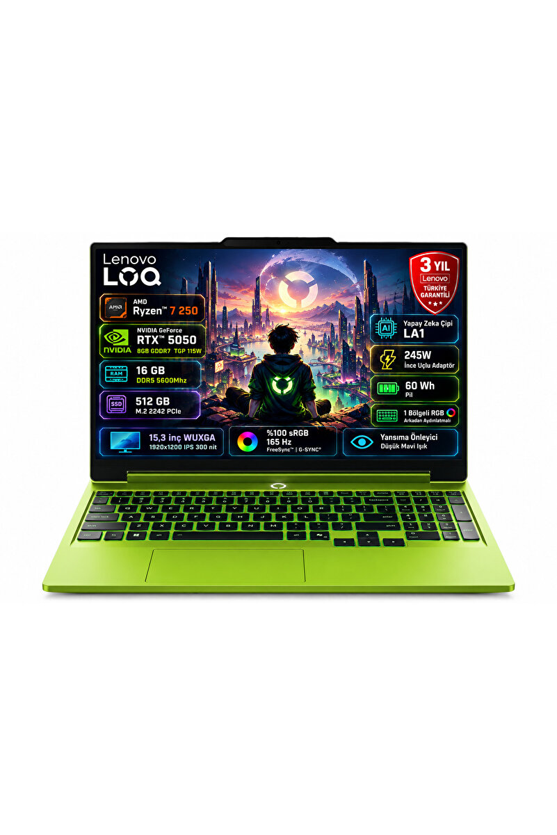 LENOVO LOQ 15AHP11 AMD Ryzen 7 250 16GB 512GB SSD RTX 5050 8GB (115W) 15.3" WUXGA (1920x1200) IPS 165Hz Freedos Taşınabilir Bilgisayar 83TN00A3TR