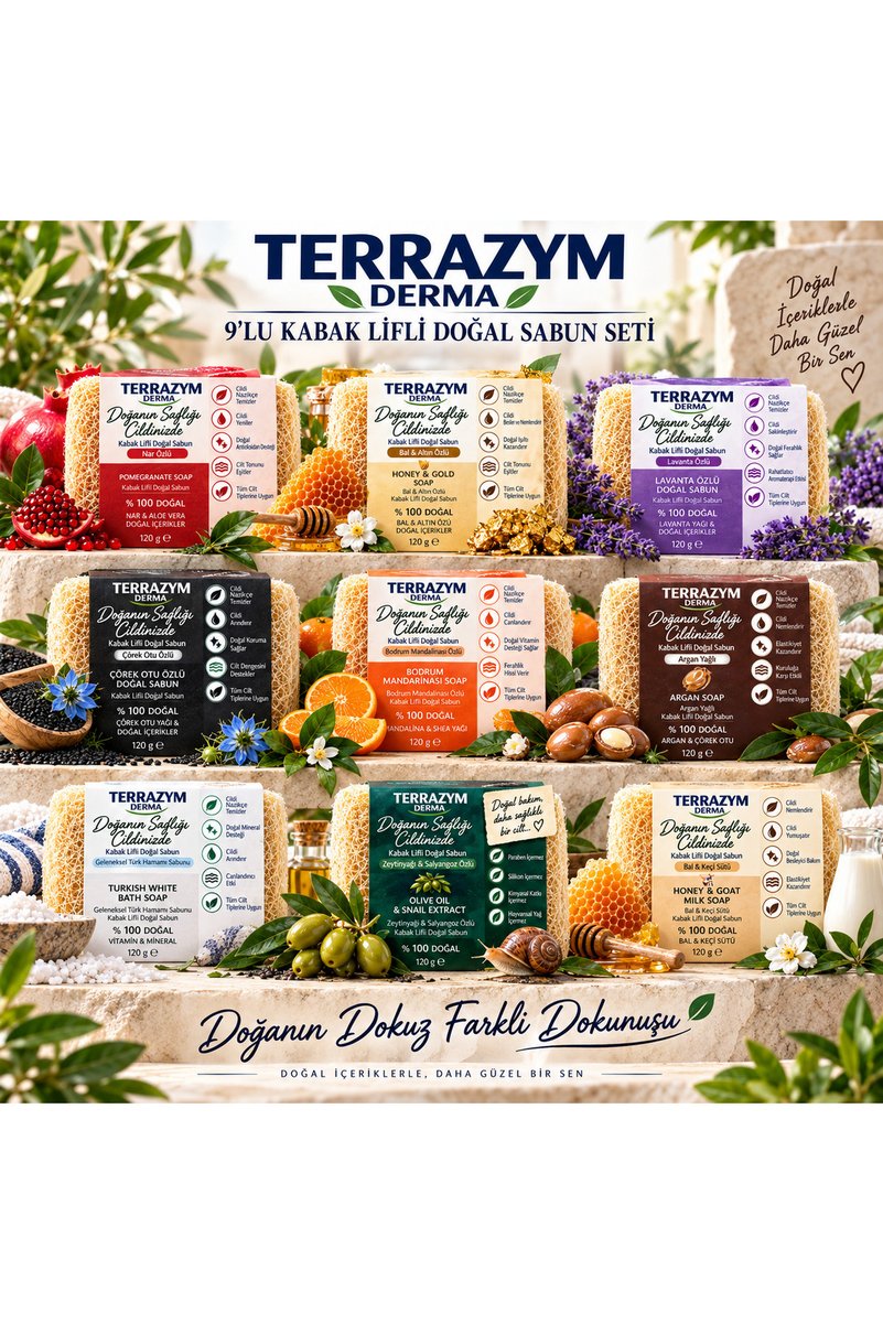 9’lu Kabak Lifli Doğal Sabun Seti – 9 Farklı Çeşit – 9 x 120 g