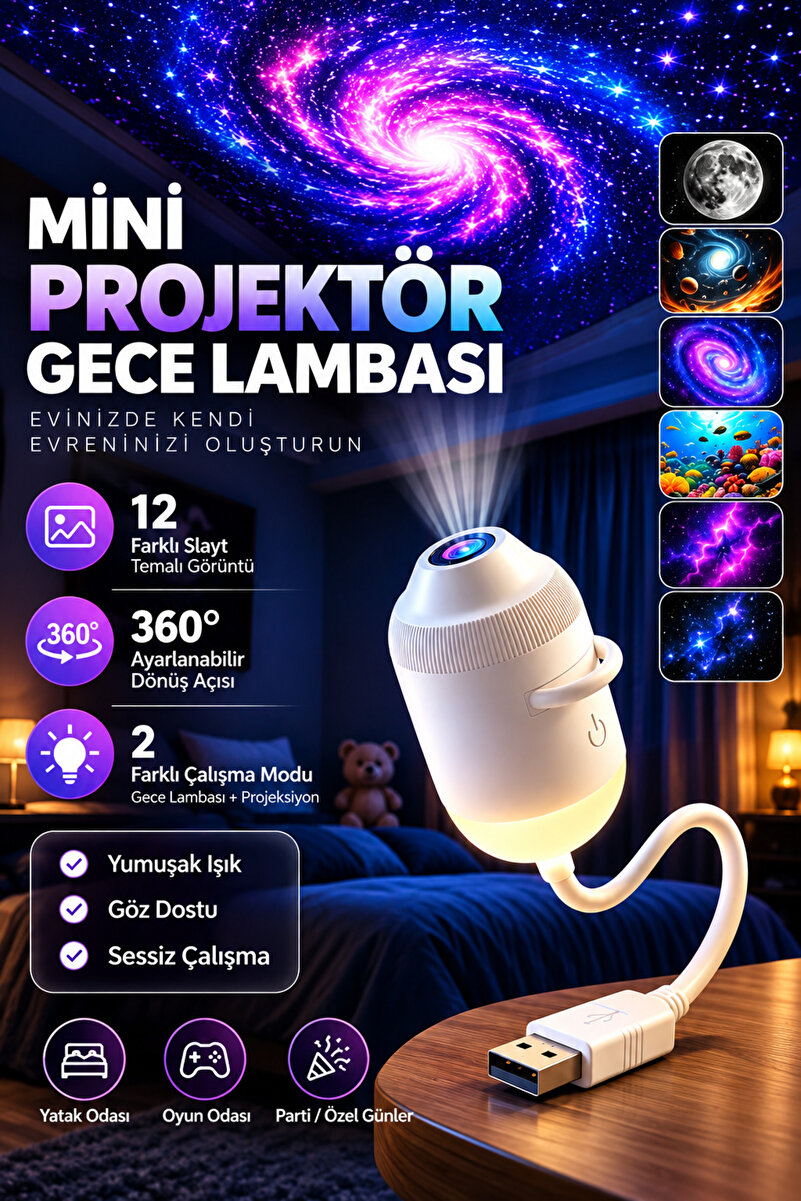 Deseja USB Galaksi Projektör LED Gece Lambası 360° Ayarlanabilir 12 Filmli 2’si 1 Arada Ambiyans Işık
