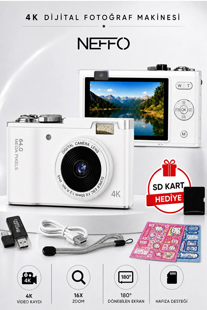 NEFFO Dijital Fotoğraf Makinesi | 64MP | 8X Dijital Zoom | Video & Selfie Destekli | SD Kart Hediyeli
