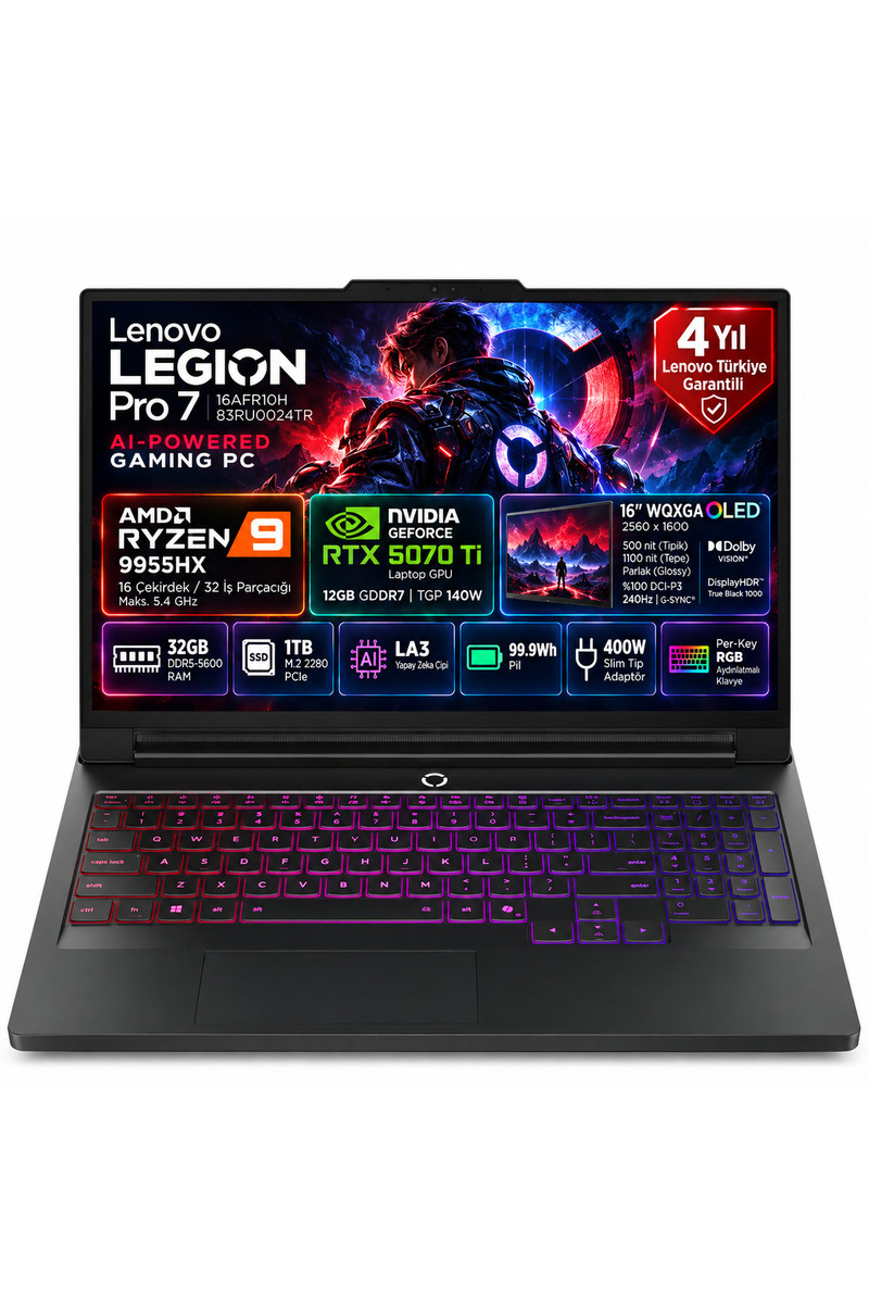 LENOVO Legion Pro 7 16AFR10H AMD Ryzen 9 9955HX 32GB 1TB SSD RTX 5070 Ti 12GB (140W) 16" WQXGA (2560x1600) OLED 240Hz Freedos Taşınabilir Bilgisayar 83RU0024TR