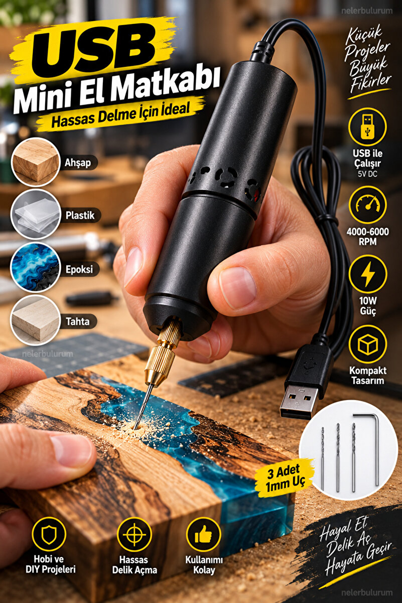 nelerbulurum USB Mini El Matkabı 5 Volt 10 WATT 3 Uç Hediyeli – Ahşap, Plastik, Epoksi, Tahta ve Hobi İşleri İçin Hassas Delme HOBBY DRILL EL MATKABI