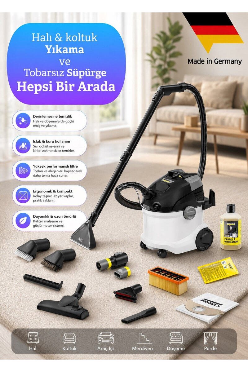 Karcher SE 5 Pro Profesyonel Set Halı Koltuk Yıkama Makinesi ve Torbalı Süpürge 1000W 4L Çift Tanklı,