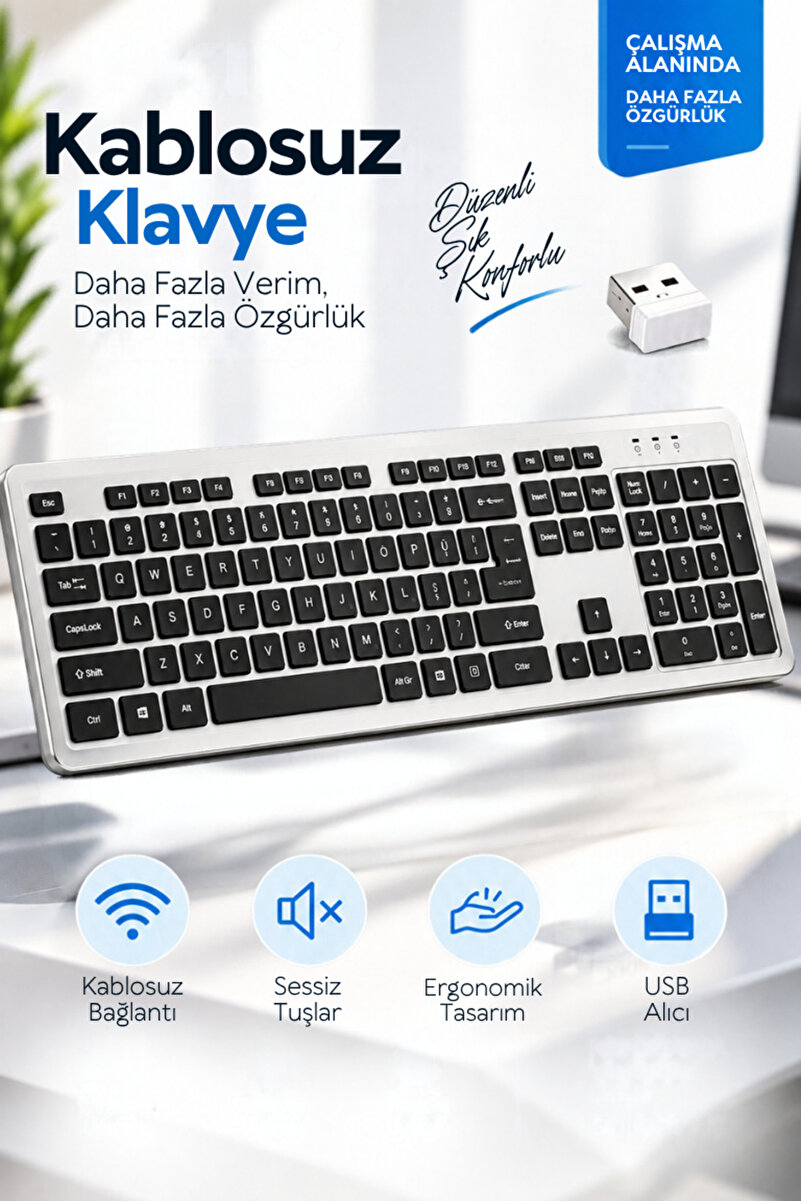 CROW'S TECH Sessiz Kablosuz Klavye 104 Tuş USB Alıcılı Full Size Ergonomik PC Mac Android Uyumlu
