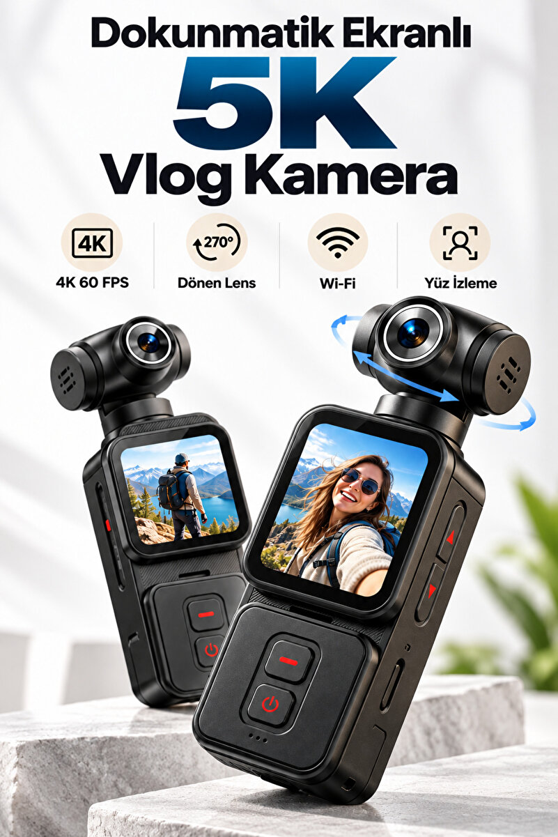 Tinytek 5K ve 4K/60 FPS Dokunmatik Cep Vlog Kamerası Wi-Fi 270° Lens Kumanda ve Mikrofon