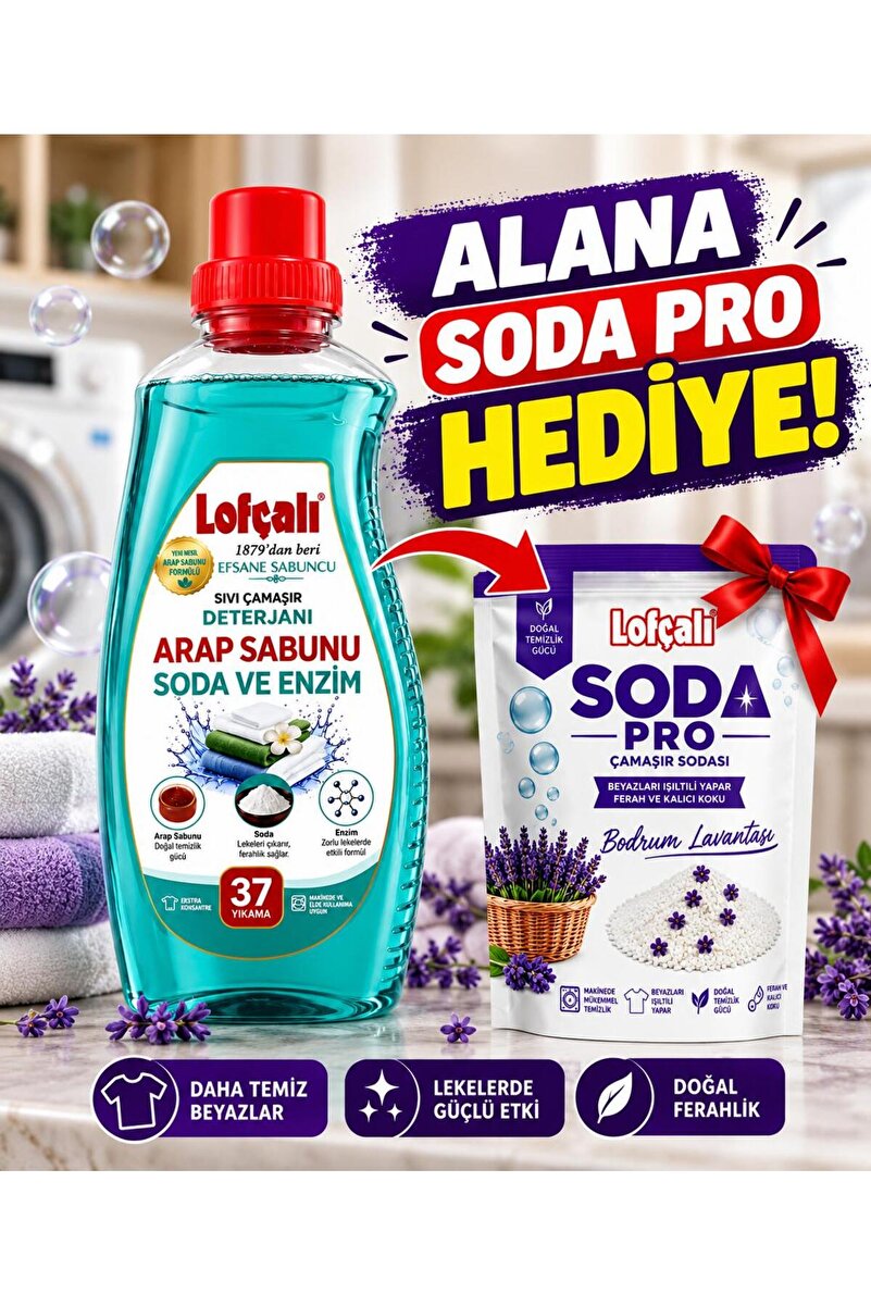 Lofçalı Sıvı Çamaşır Deterjanı Beyazlar ve Renkliler 1500ml Arap Sabunu - Soda - Enzim Soda Pro Hediyeli