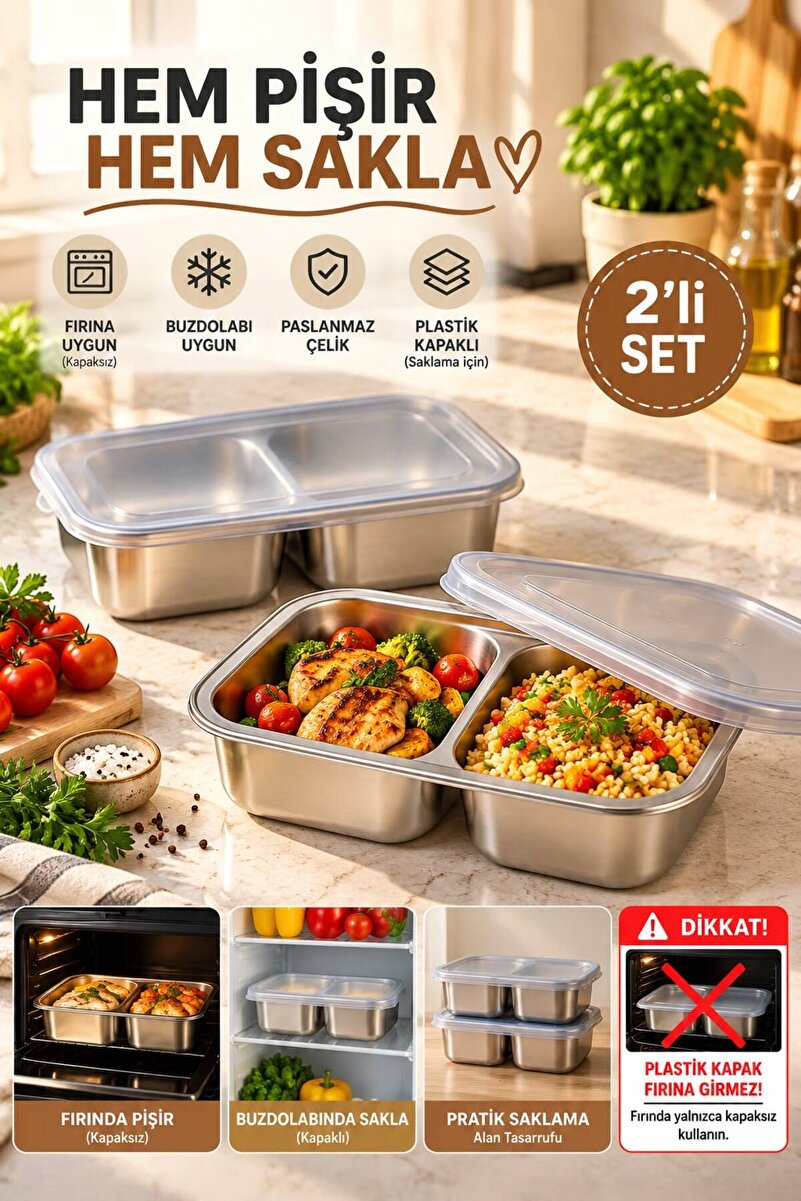 GUGGA Ovi - 2'li Hem Pişir Hem Sakla SUS304 Paslanmaz Çelik Fırın Kabı Plastik Kapaklı Saklama Kabı 650 ml