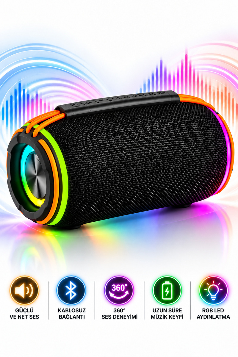 Omaze Taşınabilir Bluetooth Hoparlör RGB LED Işıklı Şarjlı Kablosuz Güçlü Sesli