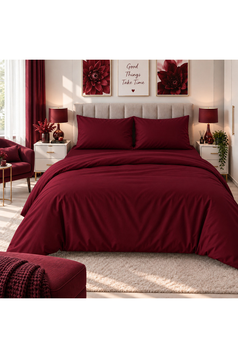 Seralay Home Koyu Bordo Çift Kişilik Nevresim Takımı Lastikli Çarşaflı