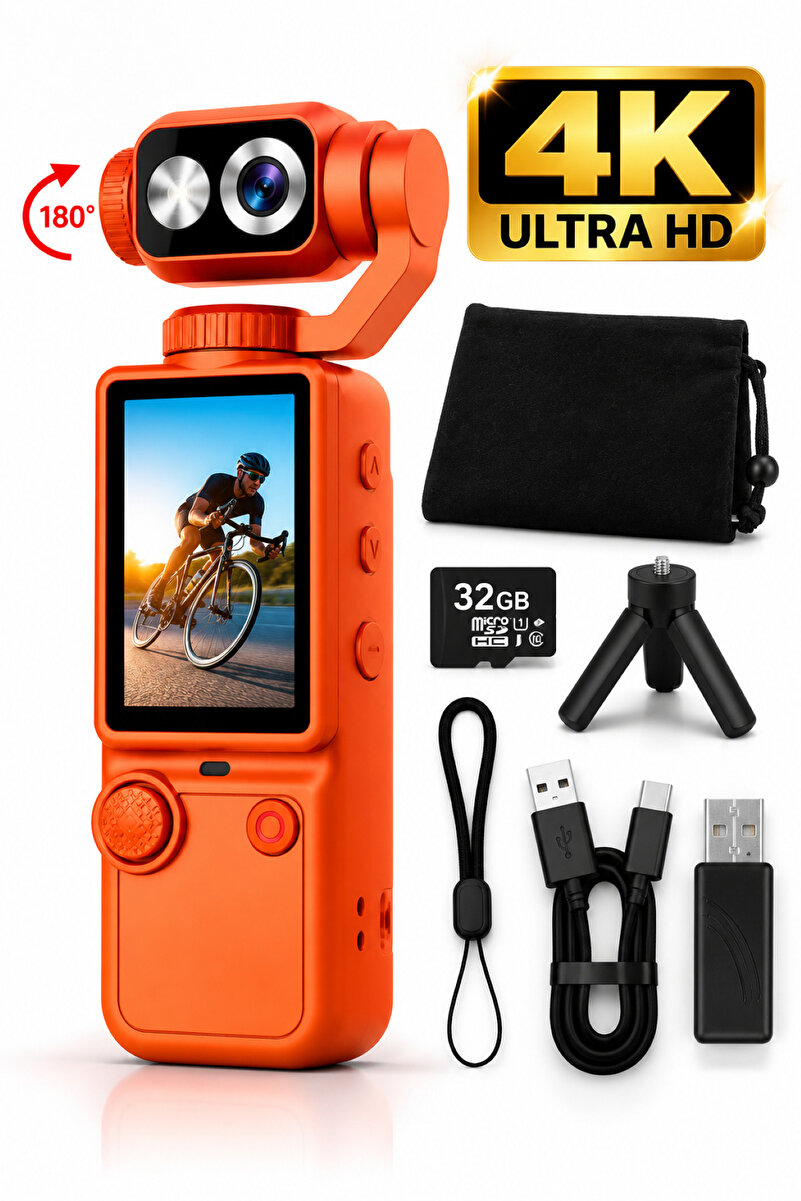 RAYLAX 4K Ultra HD Dijital Kamera 180° Dönen Lens Taşınabilir Video Fotoğraf Kamera 32GB Hafıza Kartı Hediyeli