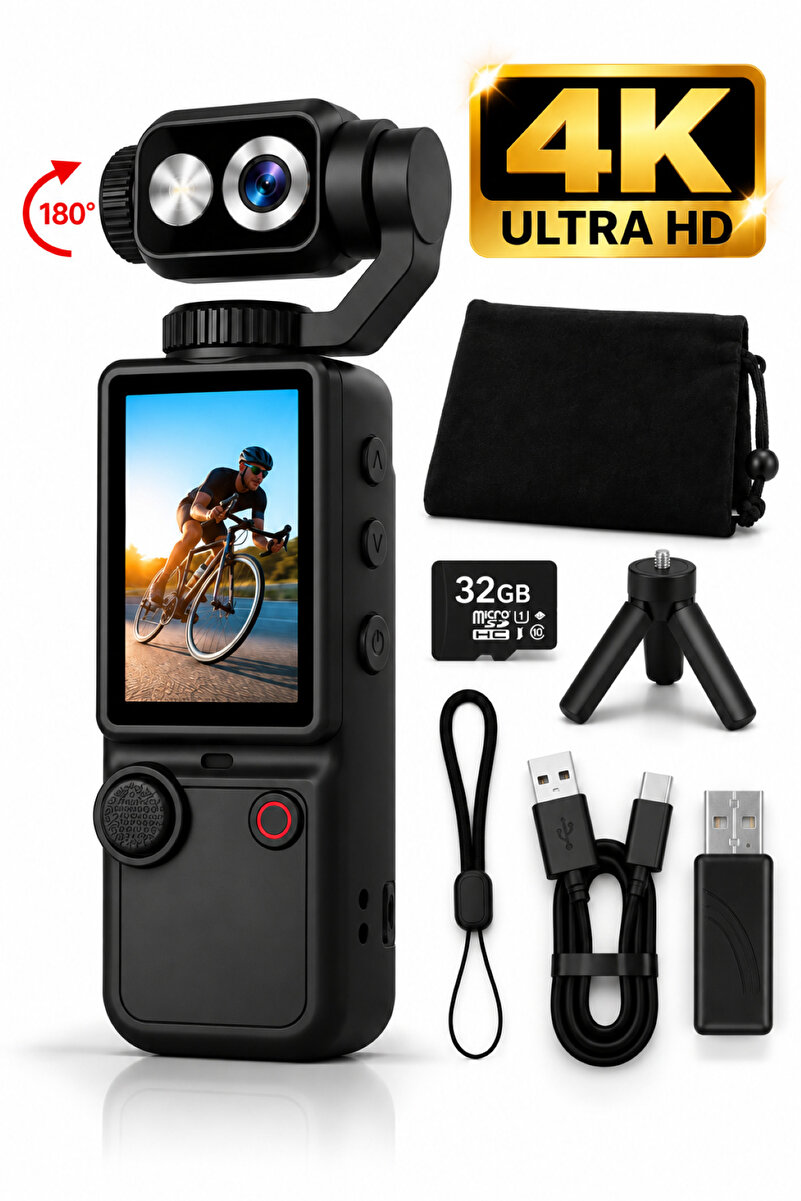 RAYLAX 4K Ultra HD Dijital Kamera 180° Dönen Lens Taşınabilir Video Fotoğraf Kamera 32GB Hafıza Kartı Hediyeli