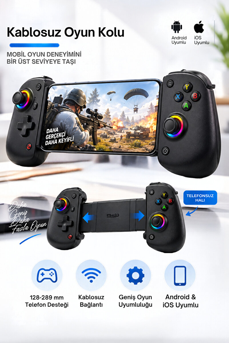 CROW'S TECH Kablosuz Mobil Oyun Kolu RGB Joystick Android iOS Uyumlu Telefon Tutuculu Mobil Gamepad