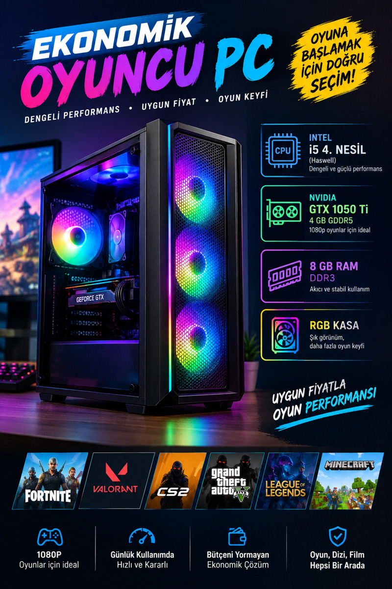 thekam RGB Oyuncu PC | i5 4. Nesil | GTX 1050 Ti | 8 GB RAM | Ekonomik Gaming Bilgisayar