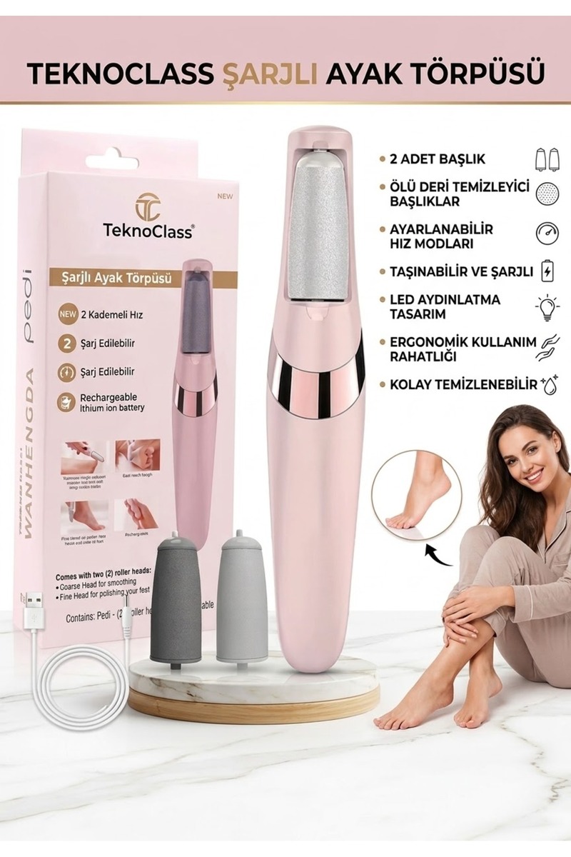TeknoClass Şarjlı Ayak Törpüsü Pedikür ve Ayak Bakım Aleti Ayak Tabanı Bakım Törpüsü Topuk Nasır Temizleme