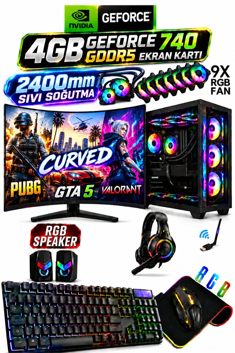 Dmc N83x Windows 11 Ryzen 5 5500,16GB,500GB HDD,256GB SSD,4GB GT740 GDDR5,24''Curved Sıvı soğutmalı Oyuncu Masaüstü Bilgisayar