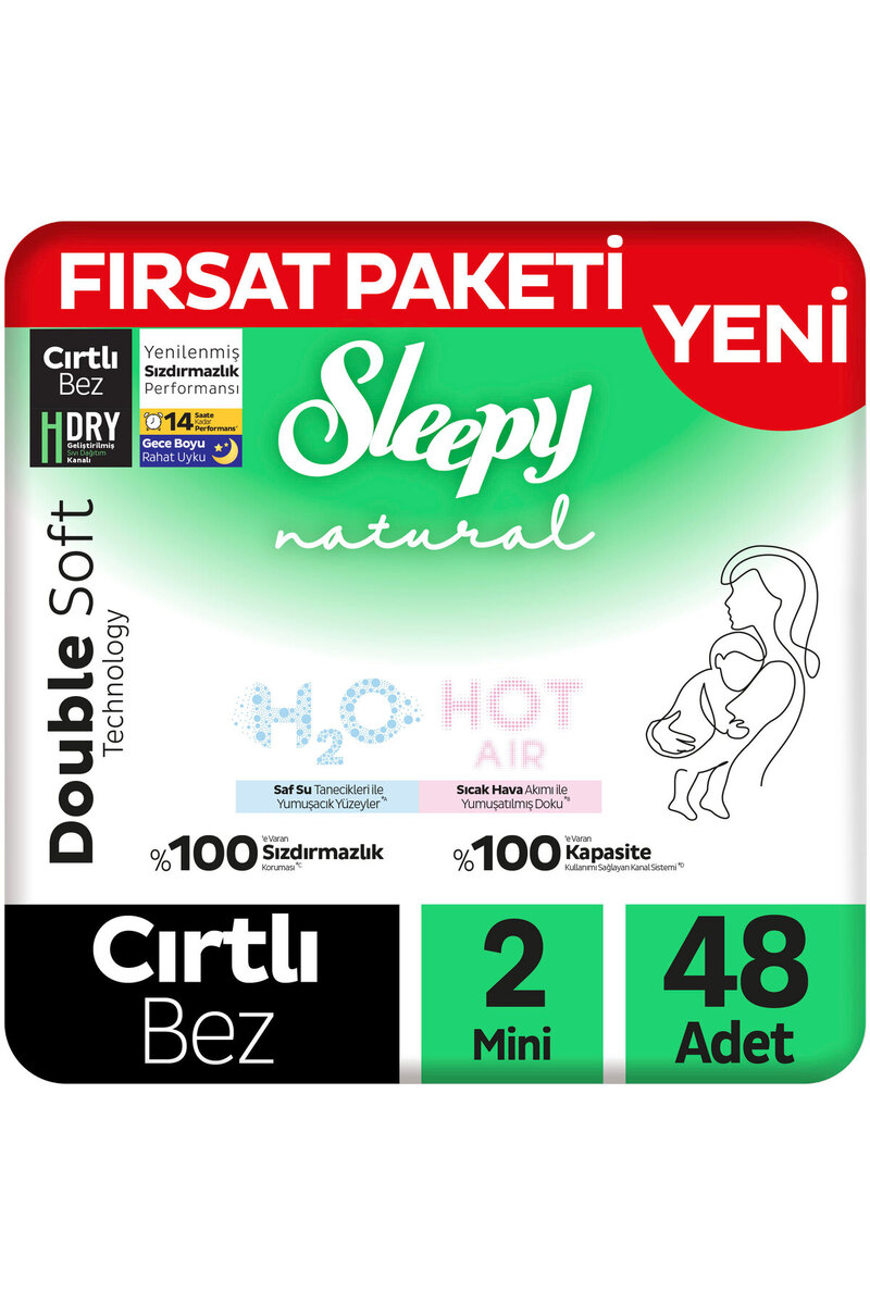 Sleepy Natural Double Soft Ultra Paket Bebek Bezi 2 Numara Mini 48 Adet