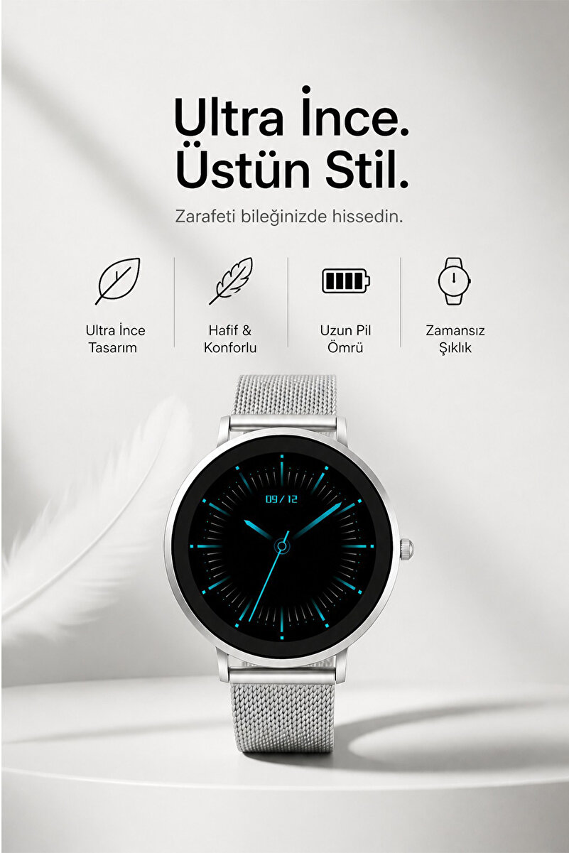 Laleli 43mm İnce Şık Akıllı Saat Uzun Şarj Süresi. Tansiyon Ölçme Nabız Ölçme Gümüş Kasa Gümüş Çelik Hasır Kordon