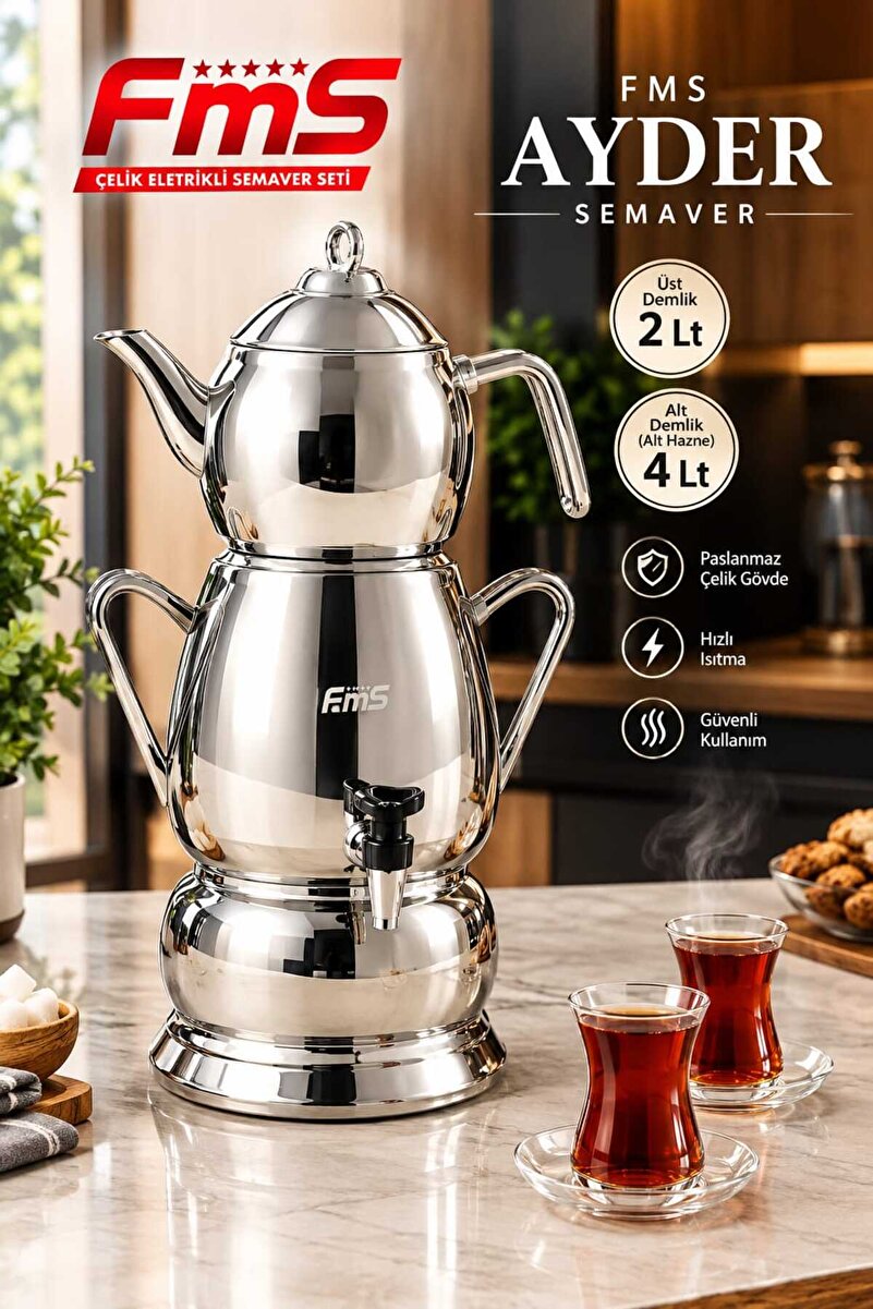 FMS Ayder Premium 18/10 Paslanmaz Çelik Elektrikli Semaver Seti – 4 Litre Su Haznesi, 2 Litre Demlik