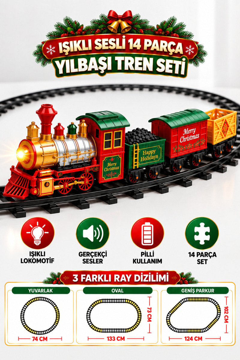 NeoThings Işıklı Sesli Yılbaşı Ağacı Altı Tren Seti – 14 Parça Pilli Oyuncak Tren 3 Farklı Ray Dizilimli Dekoratif Tre