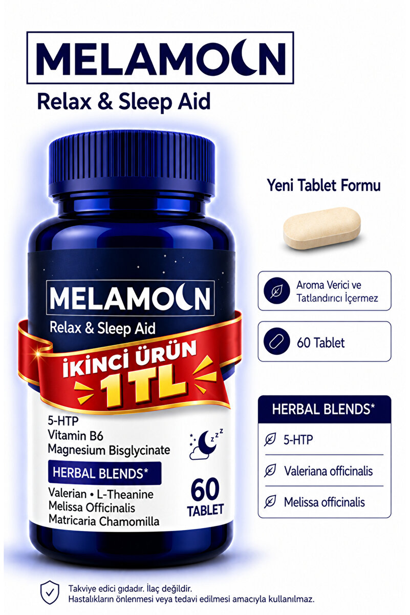 Melamoon 5-HTP, ve Kediotu ekstresi, Takviye Edici Gıda 60 Tablet