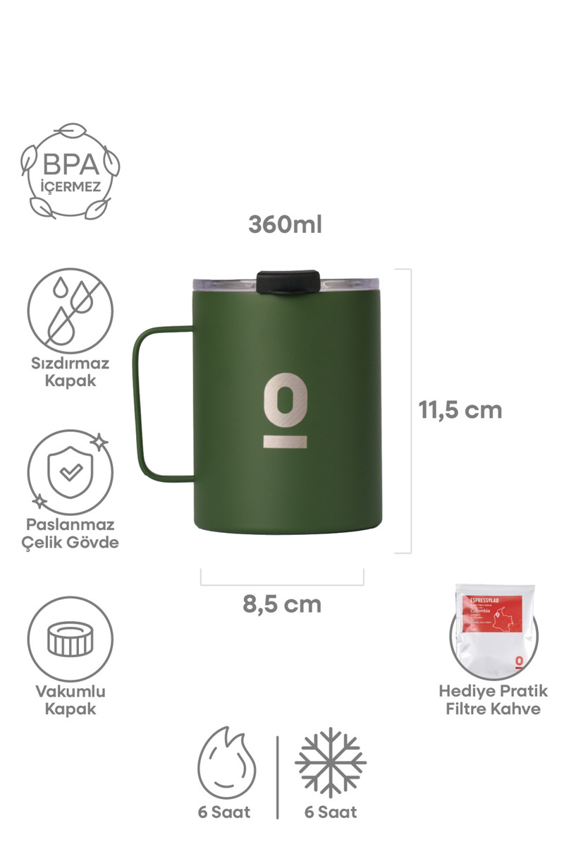 Espressolab Paslanmaz Çelik Yeşil Metal Kupa 360 ml Vakum Kapaklı Isı Yalıtımlı No:139