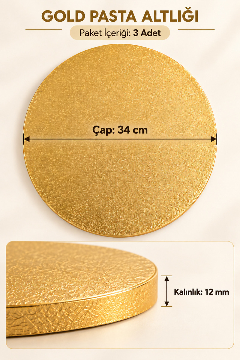 LİNORA 34 cm Yuvarlak Pasta Altlığı – 12 mm Kalınlık (3 AD )