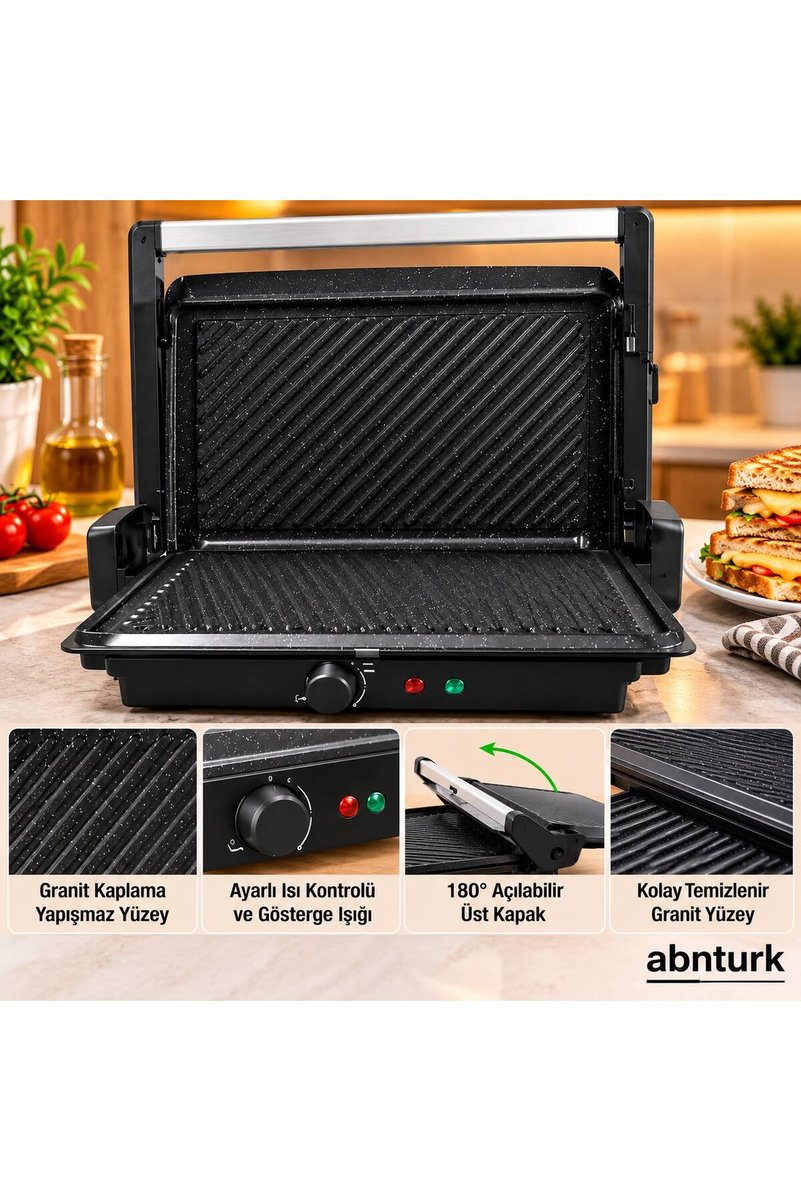 abnturk Kolay Temizlenebilen Çıkarılabilir Plaka Ayarlanabilir Isı Kontrollü,6 Adet Tost Kapasitesi Granit Kaplama Kantin, Ofis Gibi Ortamlarda Kurtarıcı, 180° Açılabilir Izgara ve Tost Makinesi 35x24x9cm