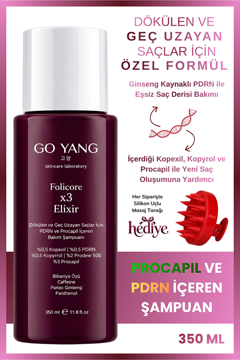 GO YANG Procapil, Kopexil ve PDRN İçeren Dökülen ve Geç Uzayan Saçlara Özel Şampuan 350 ML