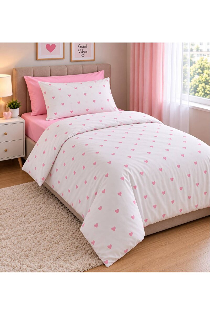 Gasel Home 120X200 Yataklar İçin Kalp Desen Çarşafı Lastikli Nevresim Takımı ( 2 Yastıklı )